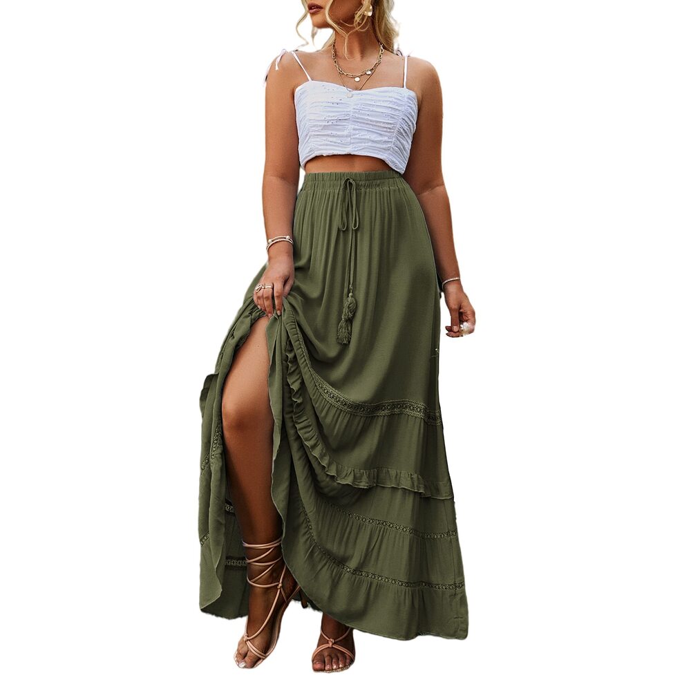 8471 Plus Size Solid Ruffle Maxi Skirt Party Beach Elastic Waist Long Skirt